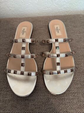 Valentino Metallic Skin Triple-Strap Rockstud Slide Sandals